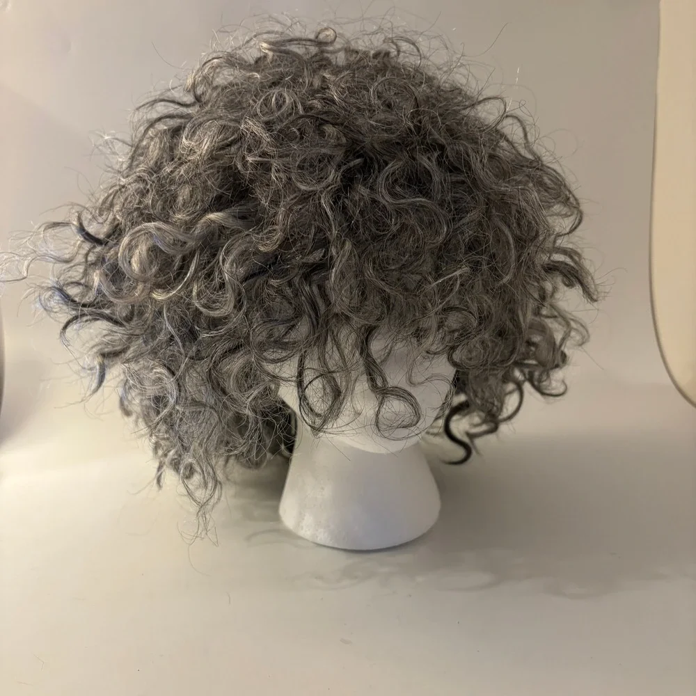 Cliclihair Curly Short Wig Womens OS Gray Salt and Pepper Real Human Hair NEW